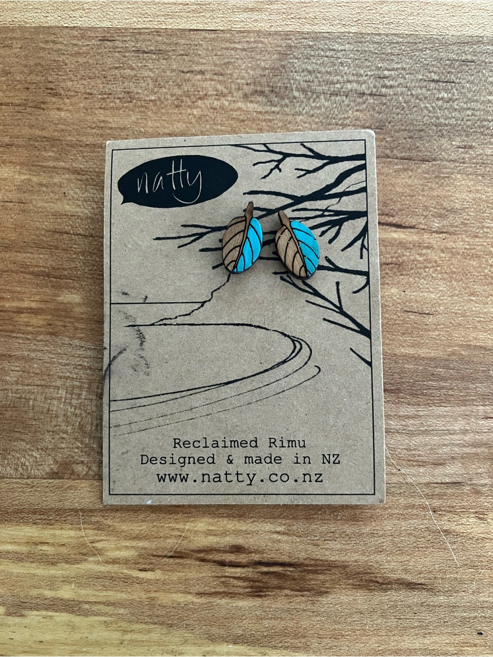 Natty Blue Leaf Wooden Stud Earrings